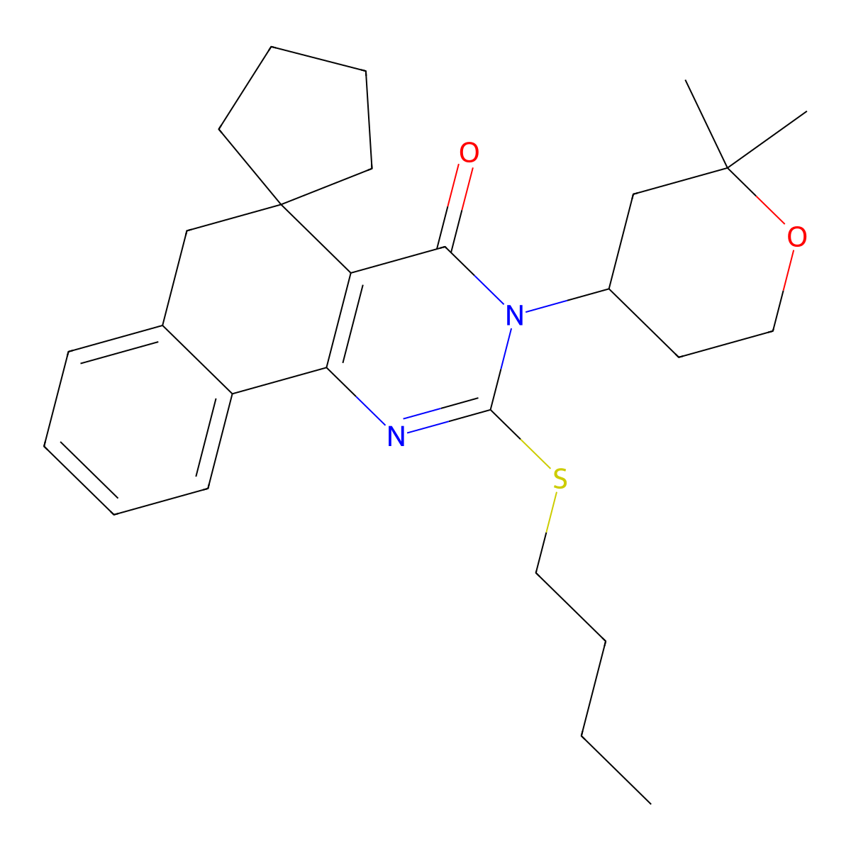 2-(butylsulfanyl)-3-(2,2-dimethyltetrahydro-2H-pyran-4-yl)-5,6-dihydro-4(3H)-oxospiro(benzo[h]quinazoline-5,1'-cyclopentane) molecular structure, CAS 303088-77-9