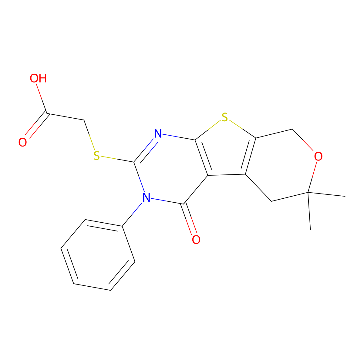 2-[(6,6-Dimethyl-4-oxo-3-phenyl-5,8-dihydropyrano[2,3]thieno[2,4-b]pyrimidin-2-yl)sulfanyl]acetic acid molecular structure, CAS 303089-14-7
