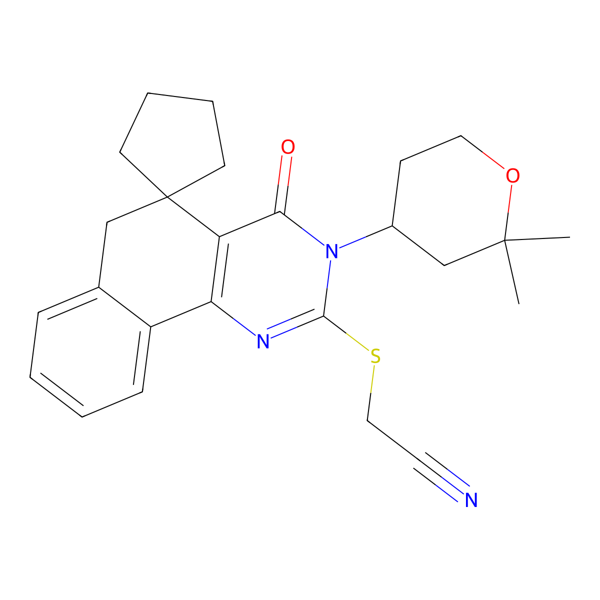 2-[3-(2,2-dimethyloxan-4-yl)-4-oxospiro[6H-benzo[h]quinazoline-5,1'-cyclopentane]-2-yl]sulfanylacetonitrile molecular structure, CAS 303089-17-0