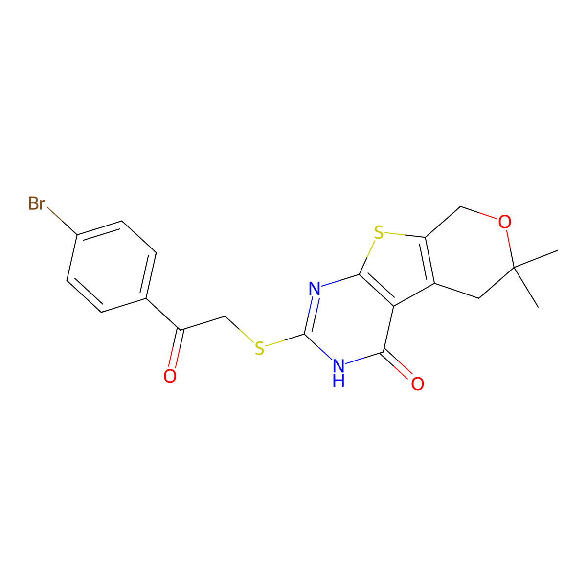 2-{[2-(4-bromophenyl)-2-oxoethyl]sulfanyl}-6,6-dimethyl-3,5,6,8-tetrahydro-4H-pyrano[4',3':4,5]thieno[2,3-d]pyrimidin-4-one molecular structure, CAS 303089-26-1