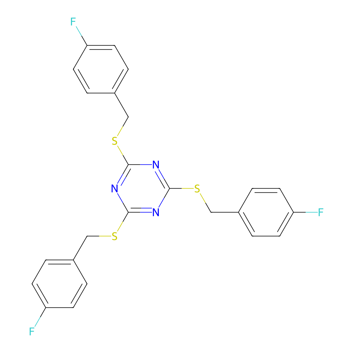 2,4,6-Tris((4-fluorobenzyl)thio)-1,3,5-triazine molecular structure, CAS 303091-06-7