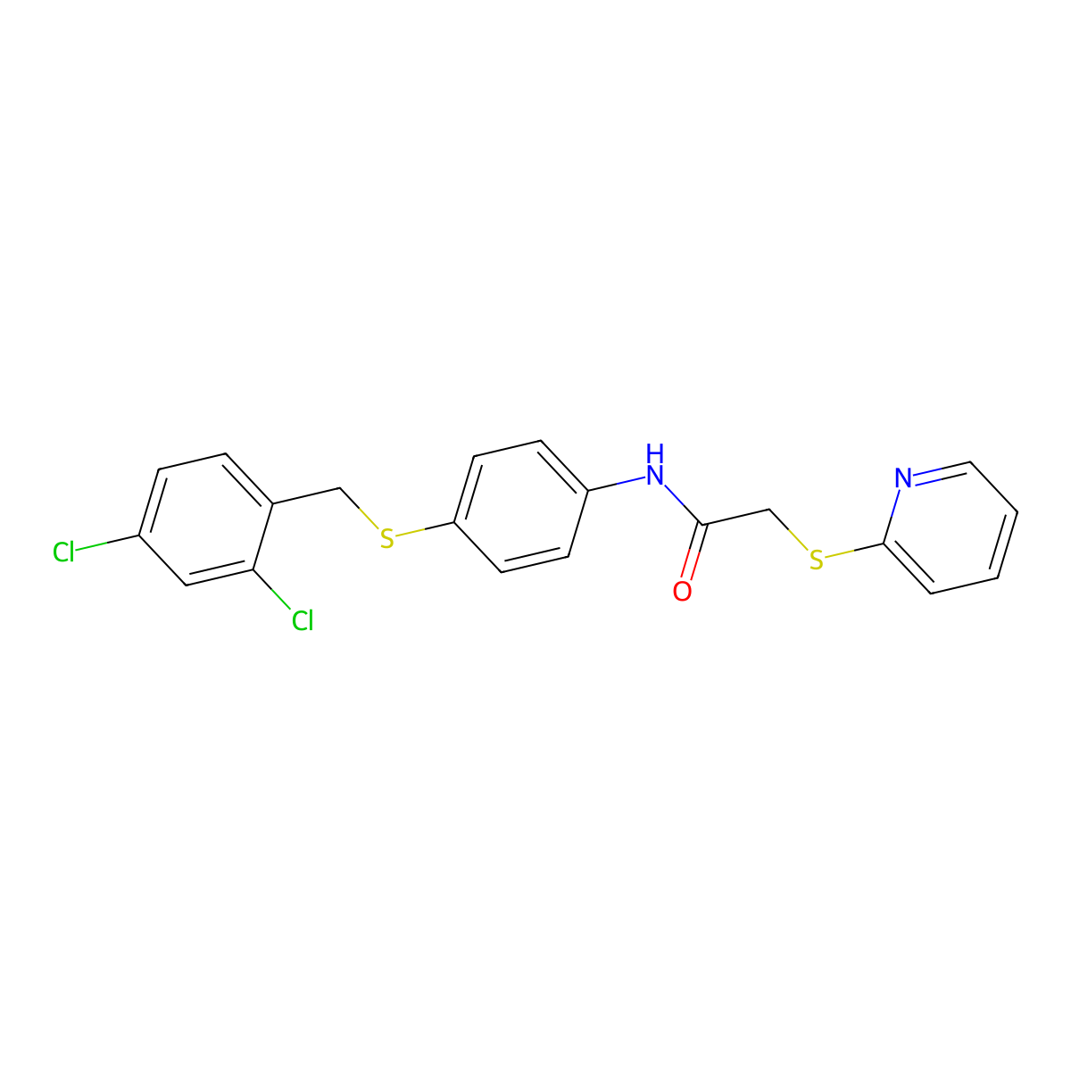 N-(4-{[(2,4-dichlorophenyl)methyl]sulfanyl}phenyl)-2-(pyridin-2-ylsulfanyl)acetamide molecular structure, CAS 303091-77-2