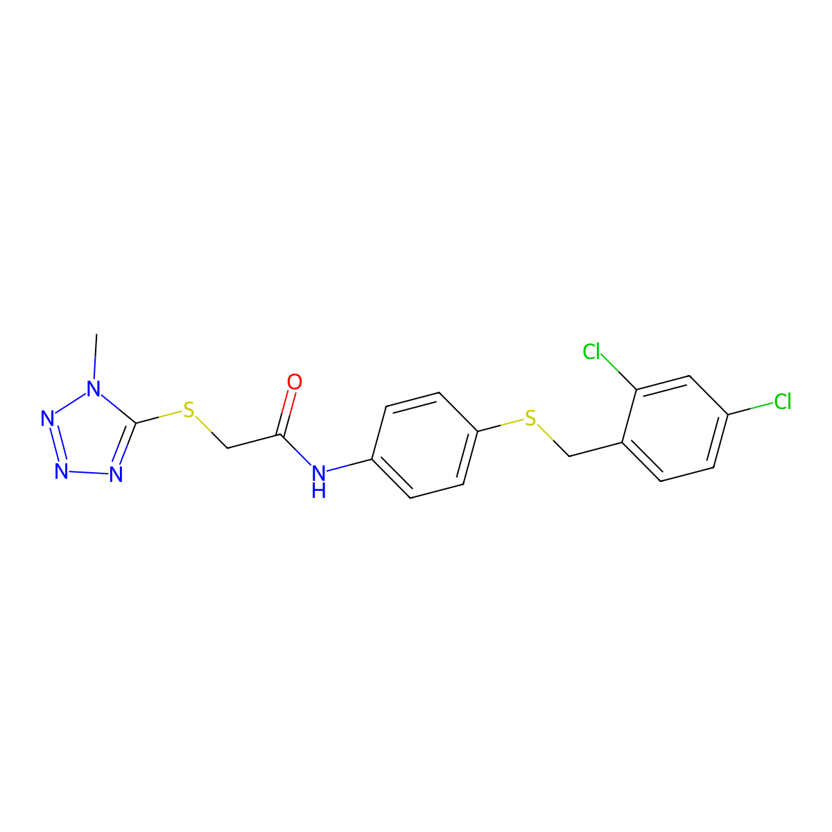 N-(4-{[(2,4-dichlorophenyl)methyl]sulfanyl}phenyl)-2-[(1-methyl-1H-1,2,3,4-tetrazol-5-yl)sulfanyl]acetamide molecular structure, CAS 303091-89-6