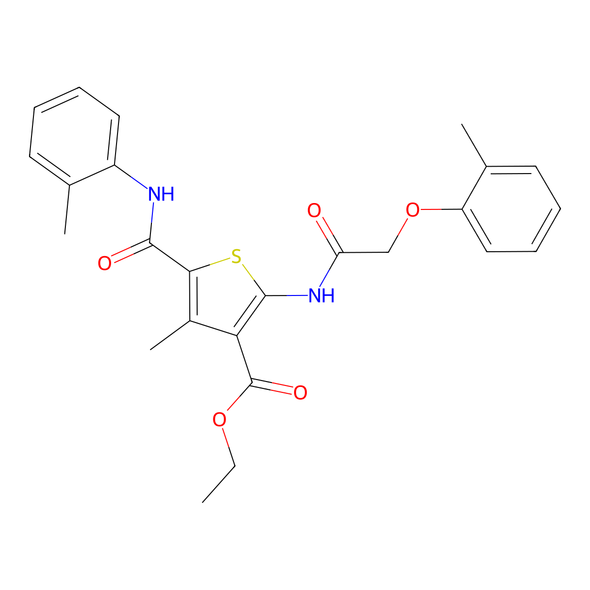 Ethyl 4-methyl-2-{[(2-methylphenoxy)acetyl]amino}-5-(2-toluidinocarbonyl)-3-thiophenecarboxylate molecular structure, CAS 303092-59-3