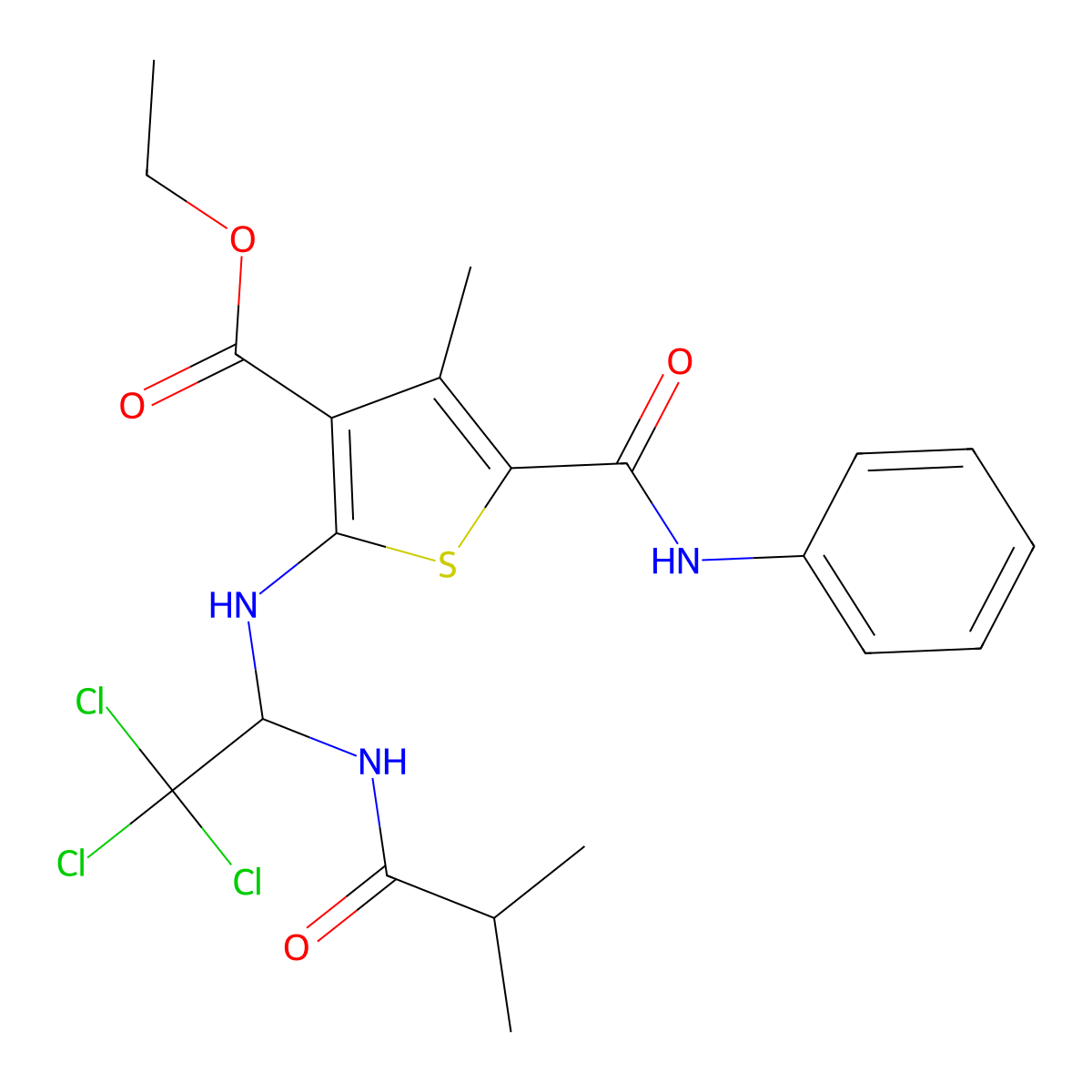 Ethyl 5-(anilinocarbonyl)-4-methyl-2-{[2,2,2-trichloro-1-(isobutyrylamino)ethyl]amino}-3-thiophenecarboxylate molecular structure, CAS 303092-60-6