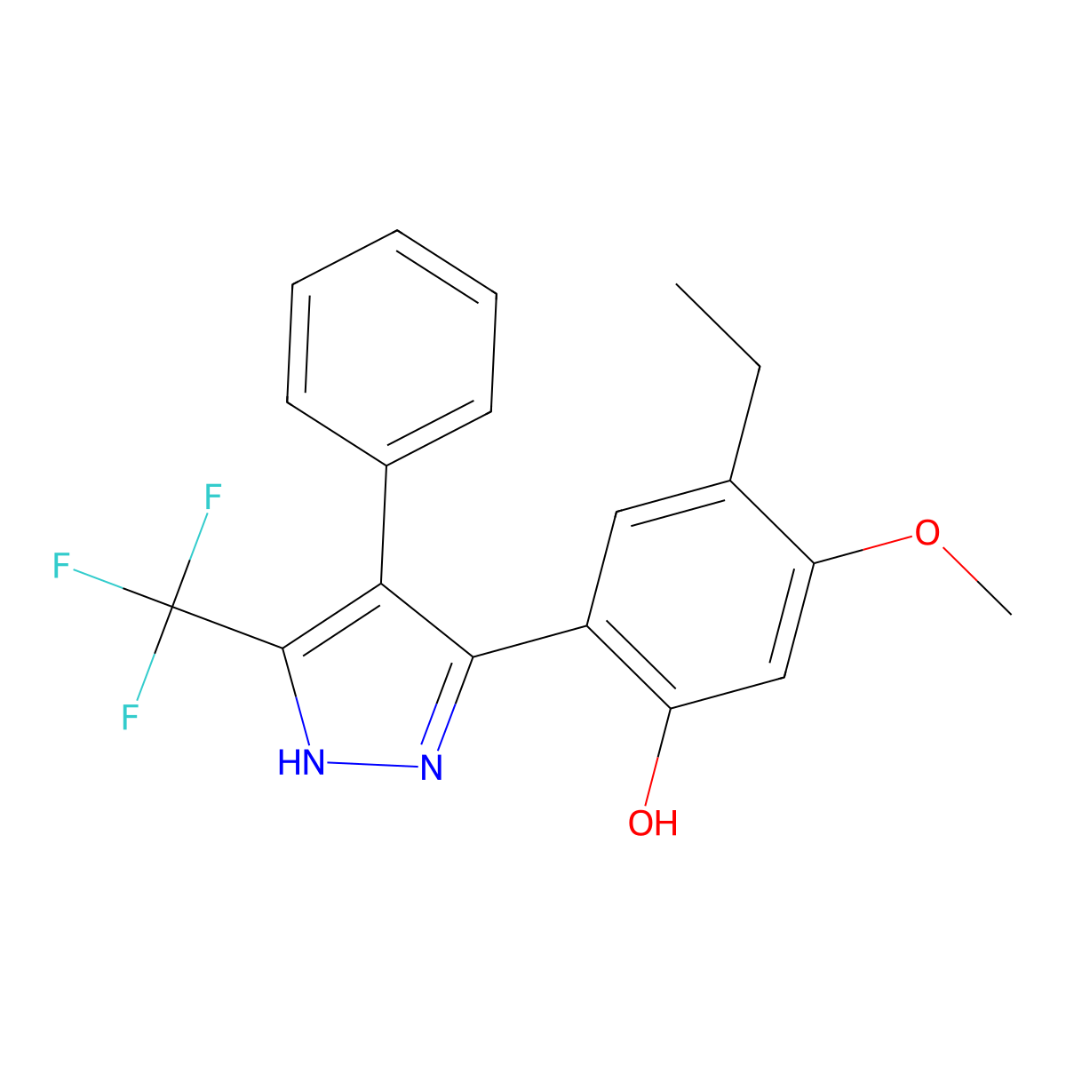 4-Ethyl-5-methoxy-2-(4-phenyl-5-(trifluoromethyl)-1H-pyrazol-3-YL)phenol molecular structure, CAS 303094-53-3