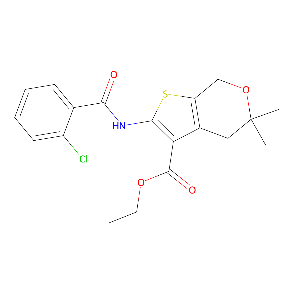 Ethyl 2-[(2-chlorobenzoyl)amino]-5,5-dimethyl-4,7-dihydrothieno[2,3-c]pyran-3-carboxylate molecular structure, CAS 303101-71-5