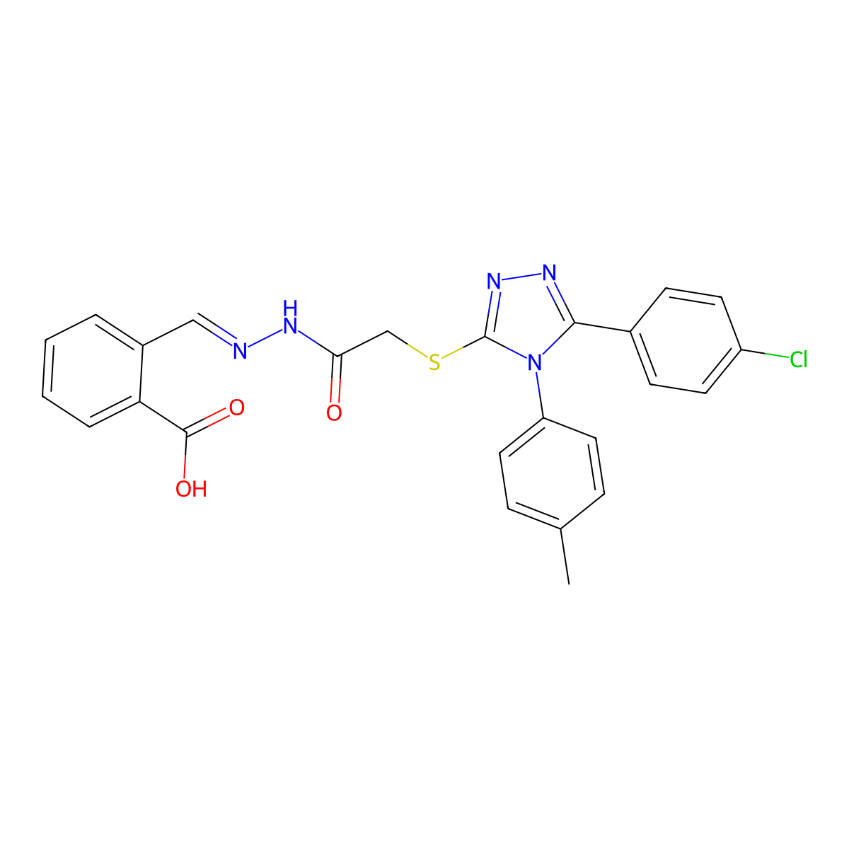 2-((2-(2-((5-(4-Chlorophenyl)-4-(4-methylphenyl)-4H-1,2,4-triazol-3-yl)thio)acetyl)hydrazinylidene)methyl)benzoic acid molecular structure, CAS 303102-40-1