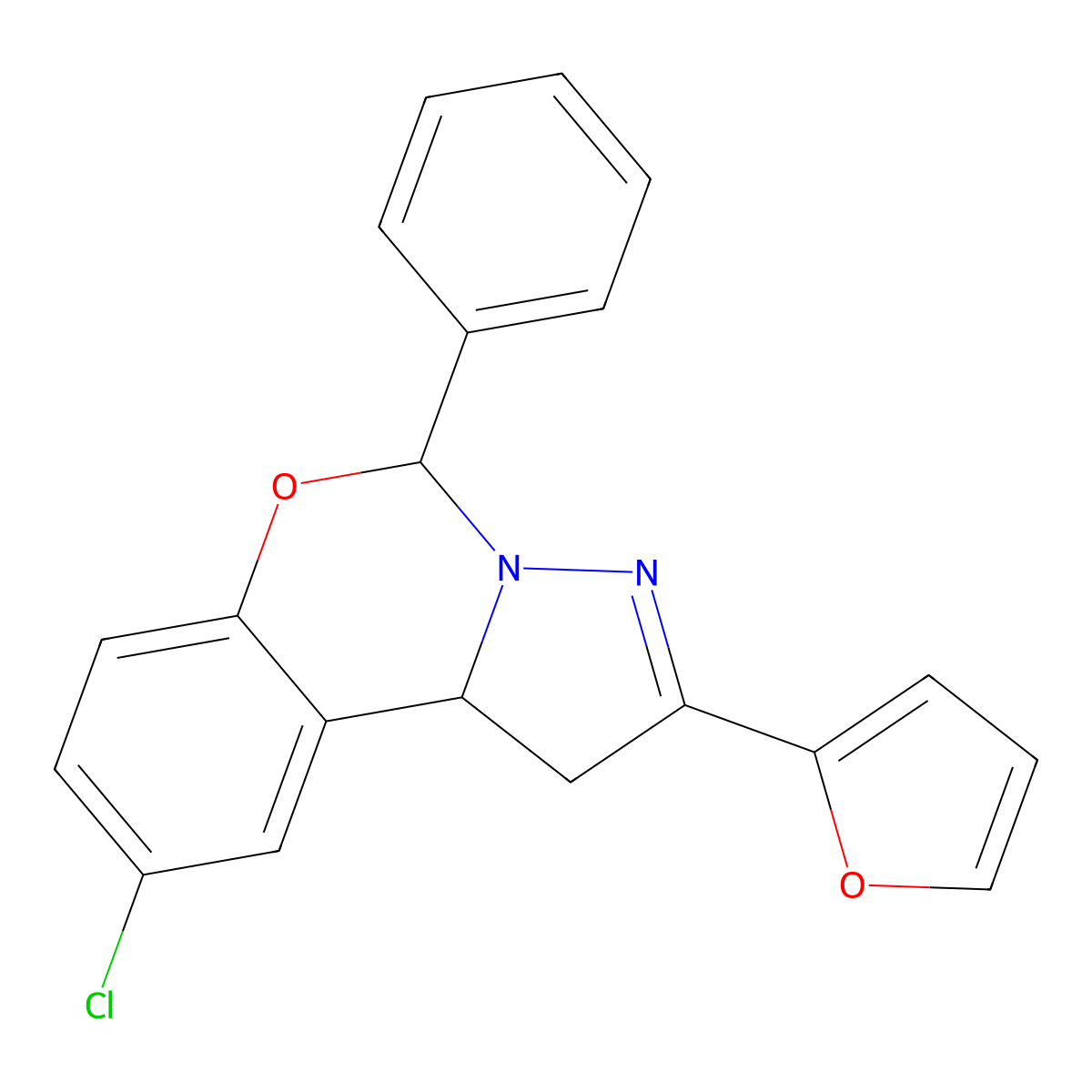9-Chloro-2-(2-furyl)-5-phenyl-1,10B-dihydropyrazolo(1,5-C)(1,3)benzoxazine molecular structure, CAS 303104-37-2