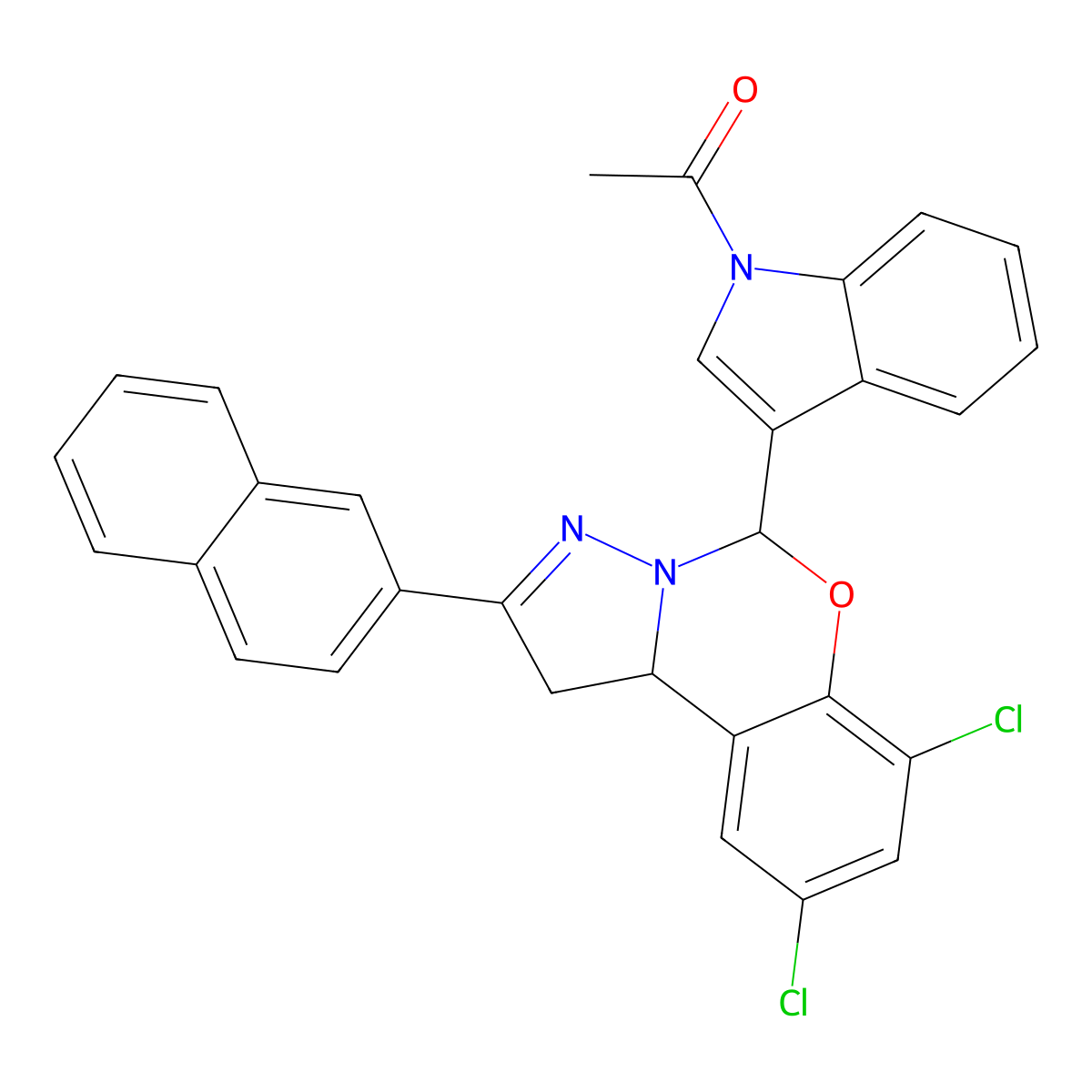 5-(1-Acetyl-1H-indol-3-YL)-7,9-dichloro-2-(2-naphthyl)-1,10B-dihydropyrazolo(1,5-C)(1,3)benzoxazine molecular structure, CAS 303104-38-3