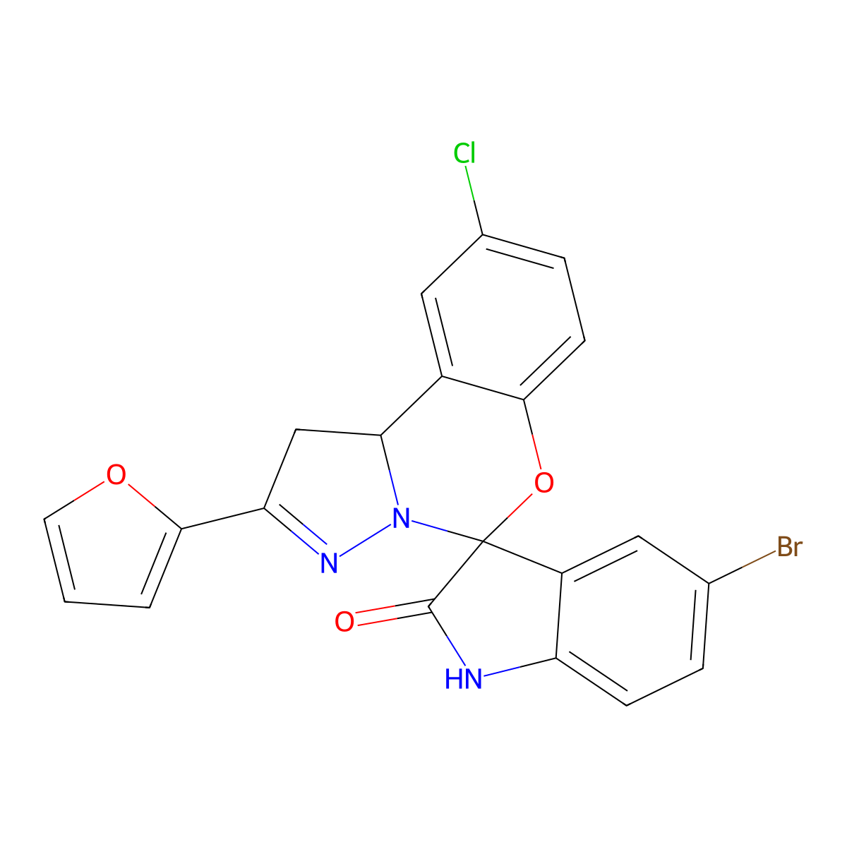 5'-Bromo-9-chloro-2-(furan-2-yl)-1,10b-dihydrospiro(benzo(e)pyrazolo(1,5-c)(1,3)oxazine-5,3'-indolin)-2'-one molecular structure, CAS 303107-10-0