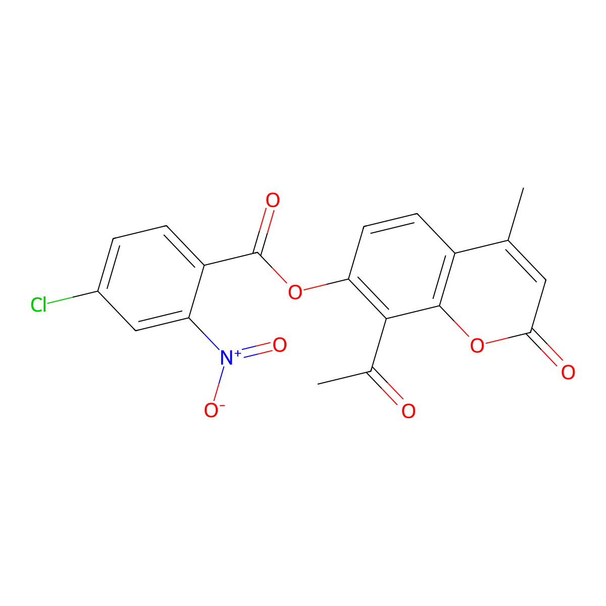 8-acetyl-4-methyl-2-oxo-2H-chromen-7-yl 4-chloro-2-nitrobenzoate molecular structure, CAS 303116-33-8