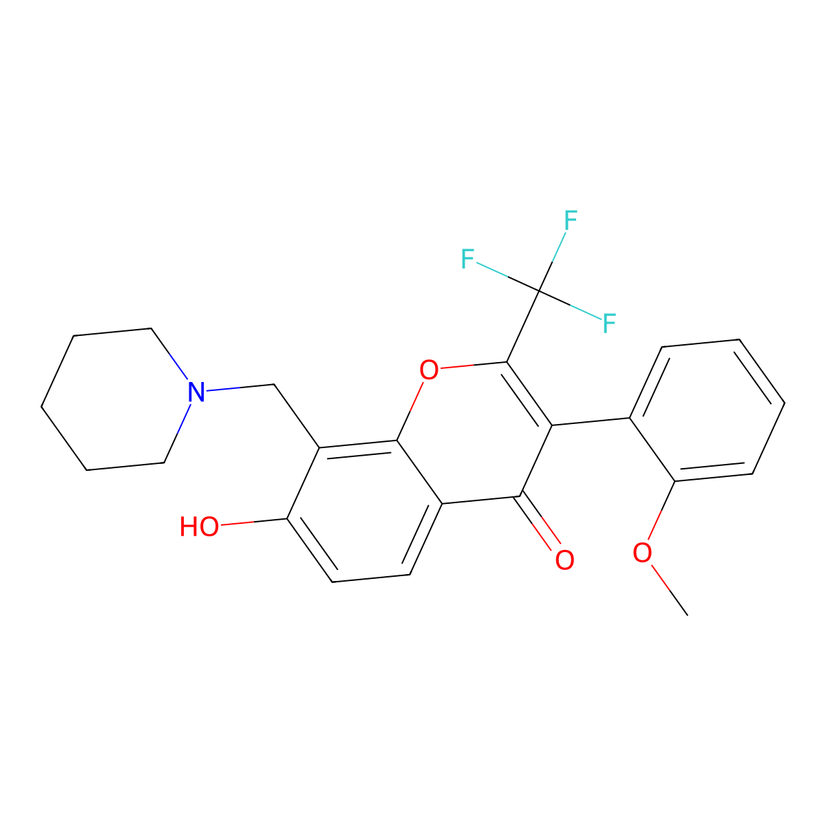 7-hydroxy-3-(2-methoxyphenyl)-8-(piperidin-1-ylmethyl)-2-(trifluoromethyl)-4H-chromen-4-one molecular structure, CAS 303119-40-6
