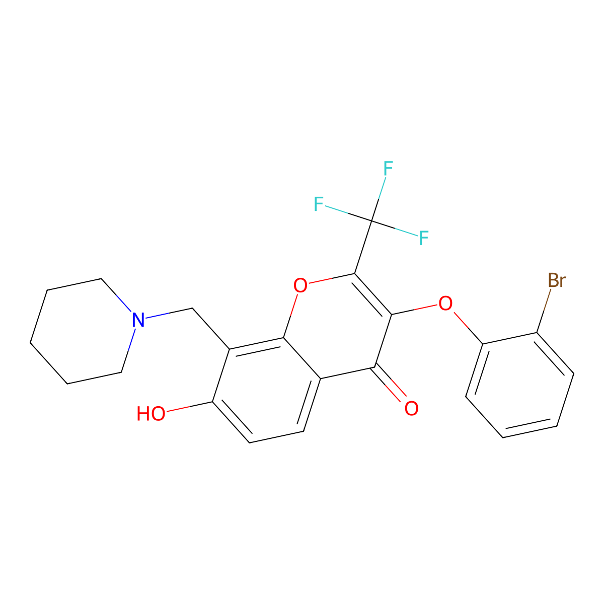 3-(2-bromophenoxy)-7-hydroxy-8-(piperidin-1-ylmethyl)-2-(trifluoromethyl)-4H-chromen-4-one molecular structure, CAS 303121-66-6