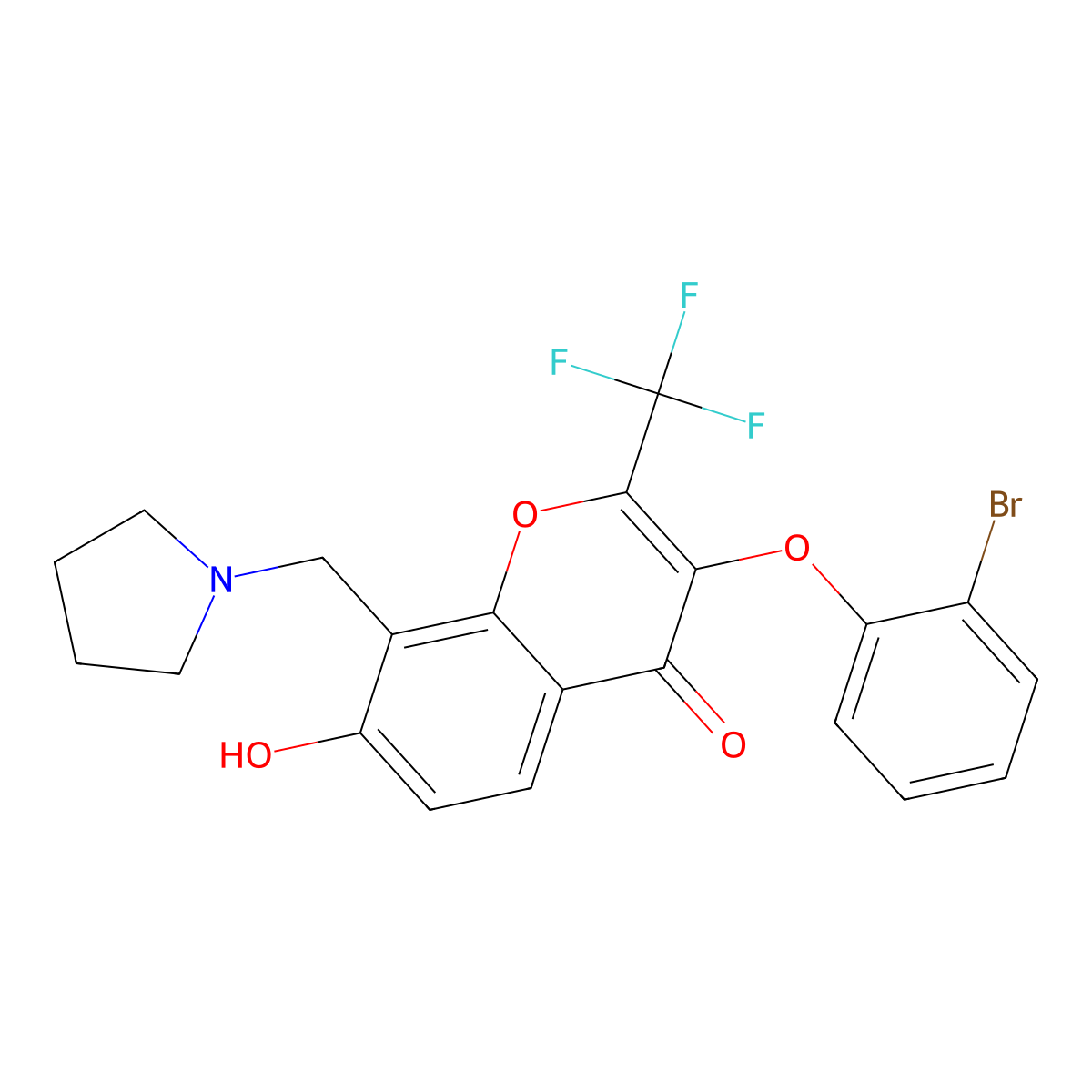 3-(2-bromophenoxy)-7-hydroxy-8-(1-pyrrolidinylmethyl)-2-(trifluoromethyl)-4H-chromen-4-one molecular structure, CAS 303121-69-9
