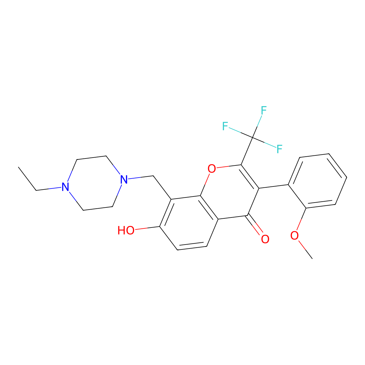 8-[(4-ethylpiperazin-1-yl)methyl]-7-hydroxy-3-(2-methoxyphenyl)-2-(trifluoromethyl)-4H-chromen-4-one molecular structure, CAS 303122-14-7