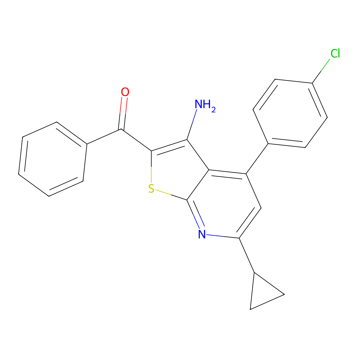 2-Benzoyl-4-(4-chlorophenyl)-6-cyclopropylthieno[2,3-b]pyridin-3-amine molecular structure, CAS 303124-29-0