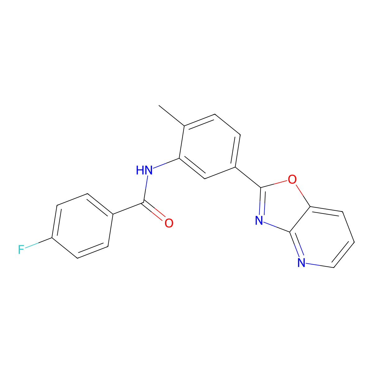 4-fluoro-N-(2-methyl-5-(oxazolo[4,5-b]pyridin-2-yl)phenyl)benzamide molecular structure, CAS 303131-51-3