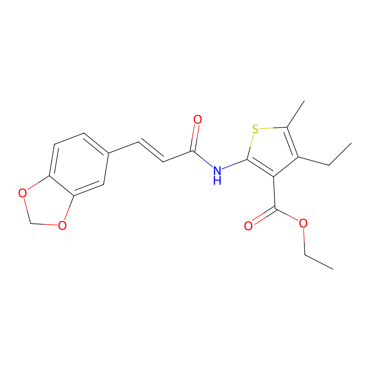 Ethyl 2-[[3-(1,3-benzodioxol-5-yl)-1-oxo-2-propen-1-yl]amino]-4-ethyl-5-methyl-3-thiophenecarboxylate molecular structure, CAS 303132-94-7