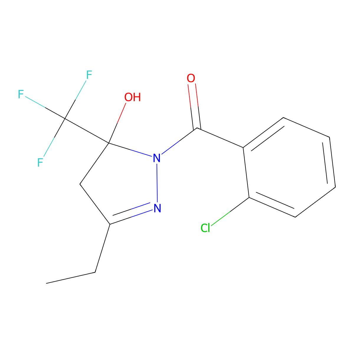 (2-chlorophenyl)-[3-ethyl-5-hydroxy-5-(trifluoromethyl)-4H-pyrazol-1-yl]methanone molecular structure, CAS 303133-55-3