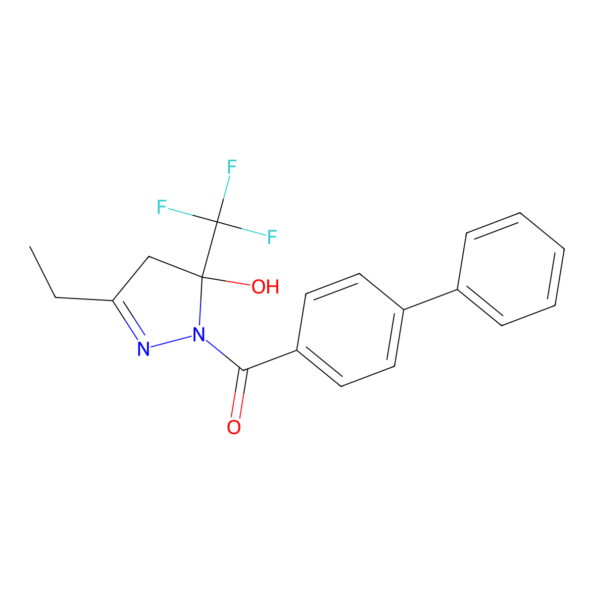 [3-ethyl-5-hydroxy-5-(trifluoromethyl)-4H-pyrazol-1-yl]-(4-phenylphenyl)methanone molecular structure, CAS 303133-65-5