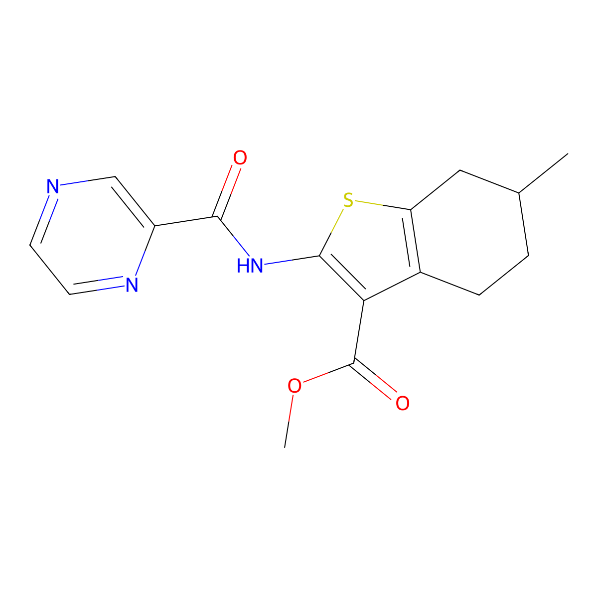 Methyl 4,5,6,7-tetrahydro-6-methyl-2-((2-pyrazinylcarbonyl)amino)benzo(b)thiophene-3-carboxylate molecular structure, CAS 303134-32-9