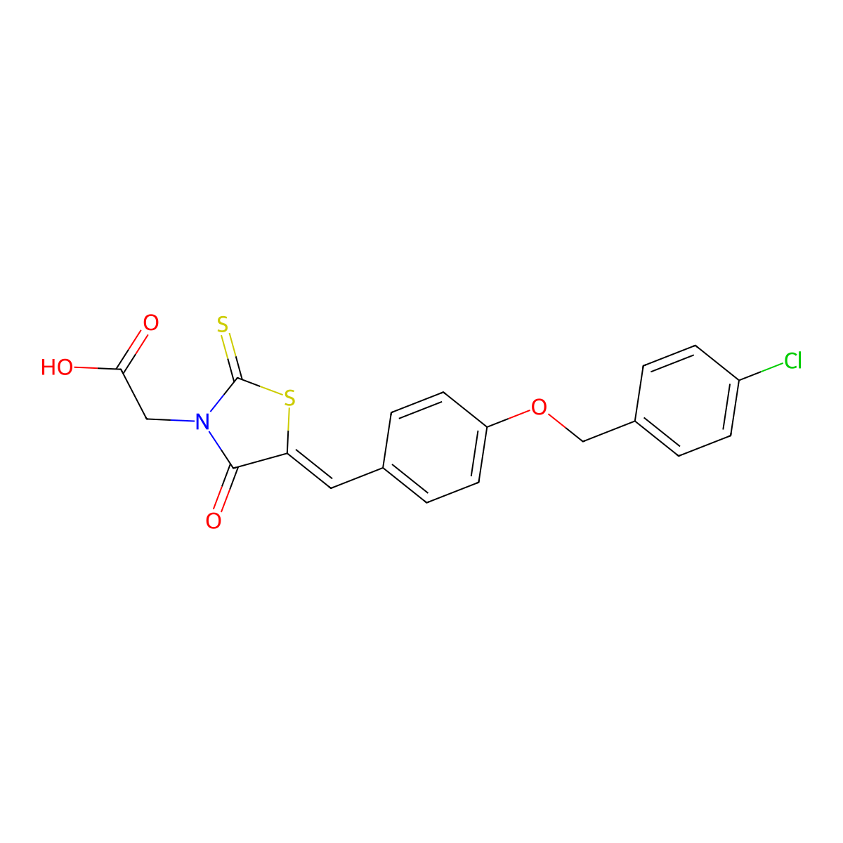 2-[5-[[4-[(4-Chlorophenyl)methoxy]phenyl]methylidene]-4-oxo-2-sulfanylidene-1,3-thiazolidin-3-yl]acetic acid molecular structure, CAS 303134-98-7