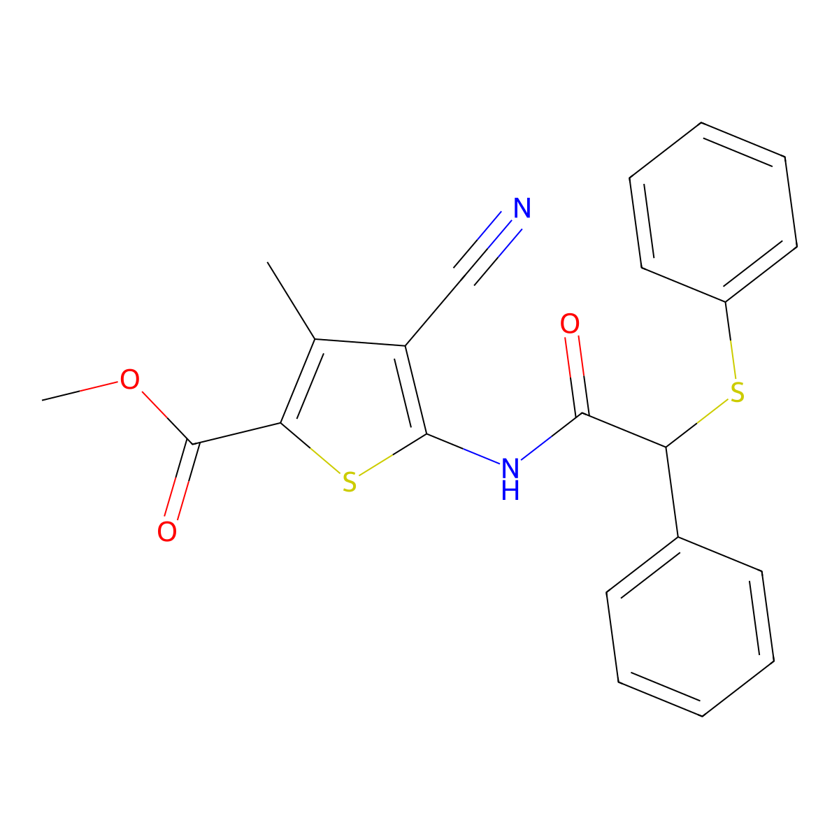 Methyl 4-cyano-3-methyl-5-{[phenyl(phenylsulfanyl)acetyl]amino}thiophene-2-carboxylate molecular structure, CAS 303135-09-3