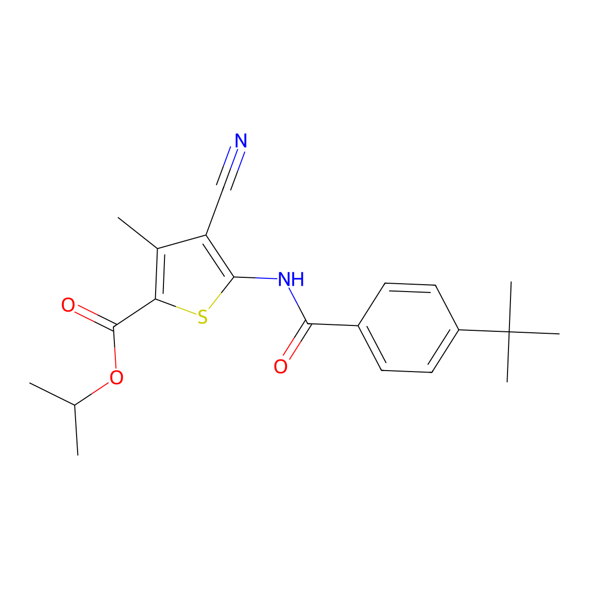 Propan-2-yl 5-{[(4-tert-butylphenyl)carbonyl]amino}-4-cyano-3-methylthiophene-2-carboxylate molecular structure, CAS 303135-25-3