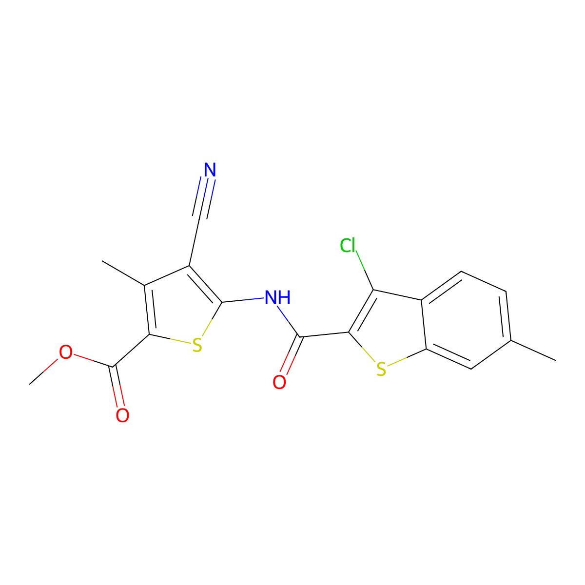 Methyl 5-[(3-chloro-6-methyl-1-benzothiophene-2-carbonyl)amino]-4-cyano-3-methylthiophene-2-carboxylate molecular structure, CAS 303135-40-2