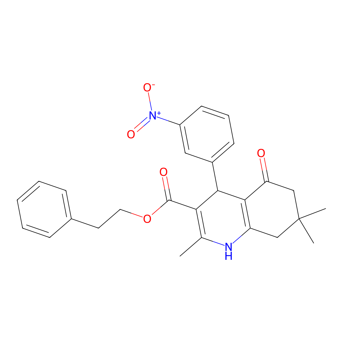 2-Phenylethyl 2,7,7-trimethyl-4-(3-nitrophenyl)-5-oxo-1,4,5,6,7,8-hexahydroquinoline-3-carboxylate molecular structure, CAS 303136-23-4