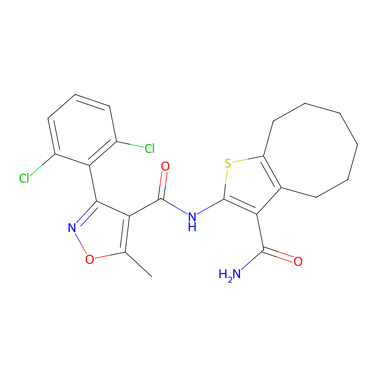 N-(3-carbamoyl-4,5,6,7,8,9-hexahydrocycloocta[b]thiophen-2-yl)-3-(2,6-dichlorophenyl)-5-methyl-1,2-oxazole-4-carboxamide molecular structure, CAS 303137-79-3