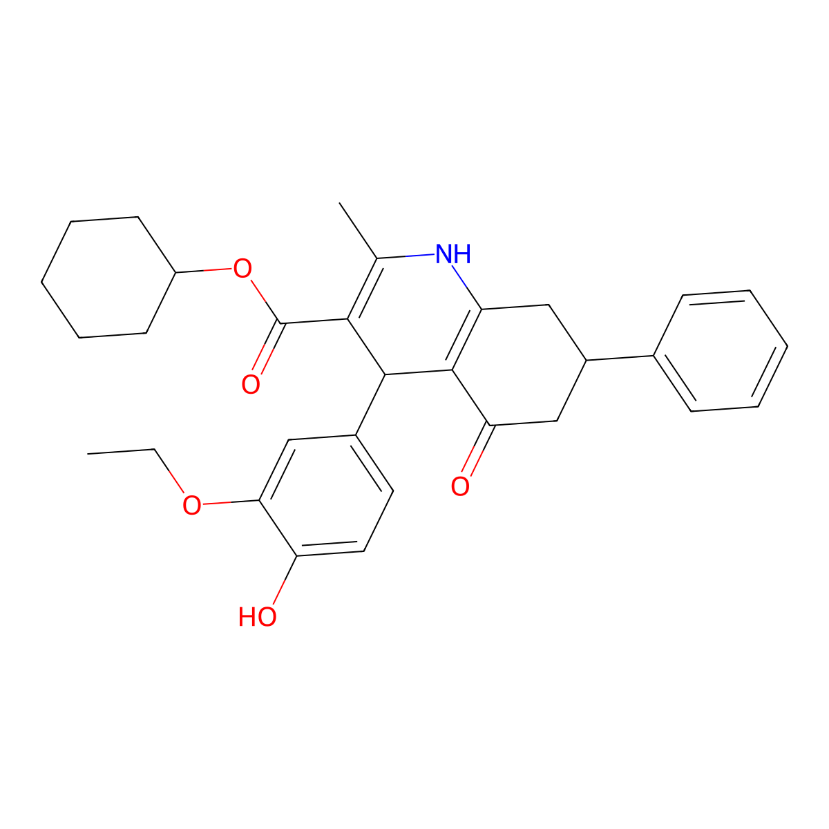 Cyclohexyl 4-(3-ethoxy-4-hydroxyphenyl)-2-methyl-5-oxo-7-phenyl-1,4,5,6,7,8-hexahydro-3-quinolinecarboxylate molecular structure, CAS 303139-62-0