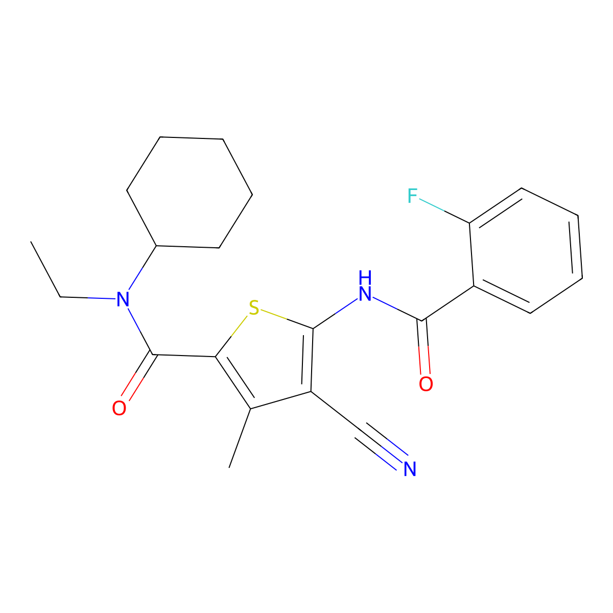 4-cyano-N-cyclohexyl-N-ethyl-5-[(2-fluorobenzoyl)amino]-3-methylthiophene-2-carboxamide molecular structure, CAS 303140-67-2