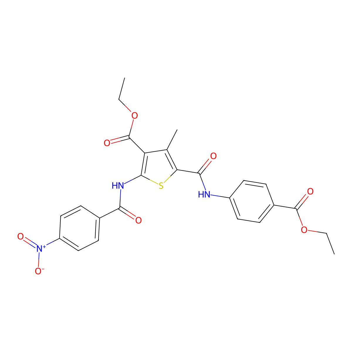 Ethyl 5-[(4-ethoxycarbonylphenyl)carbamoyl]-4-methyl-2-[(4-nitrobenzoyl)amino]thiophene-3-carboxylate molecular structure, CAS 303141-23-3