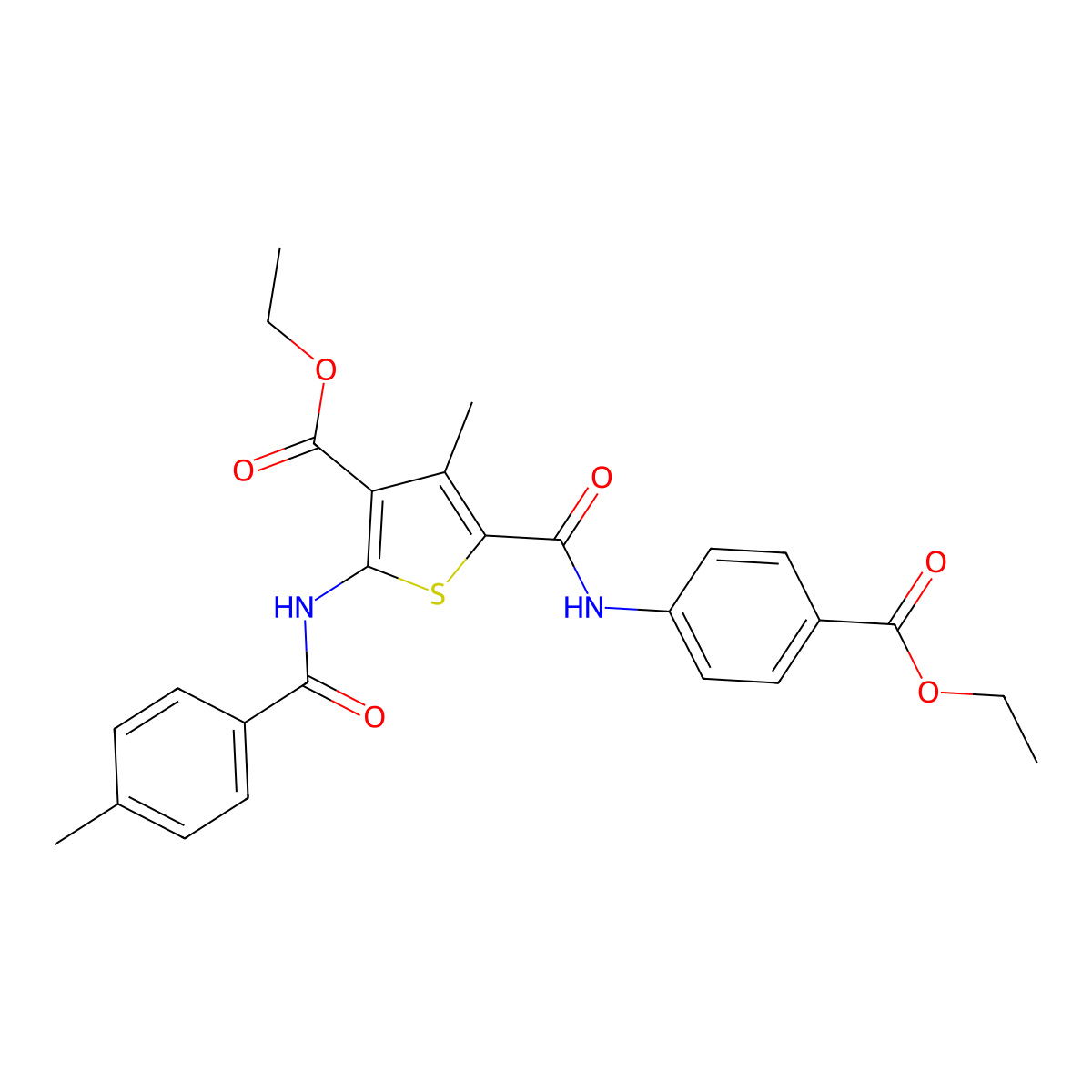 Ethyl 5-{[4-(ethoxycarbonyl)anilino]carbonyl}-4-methyl-2-[(4-methylbenzoyl)amino]-3-thiophenecarboxylate molecular structure, CAS 303141-27-7