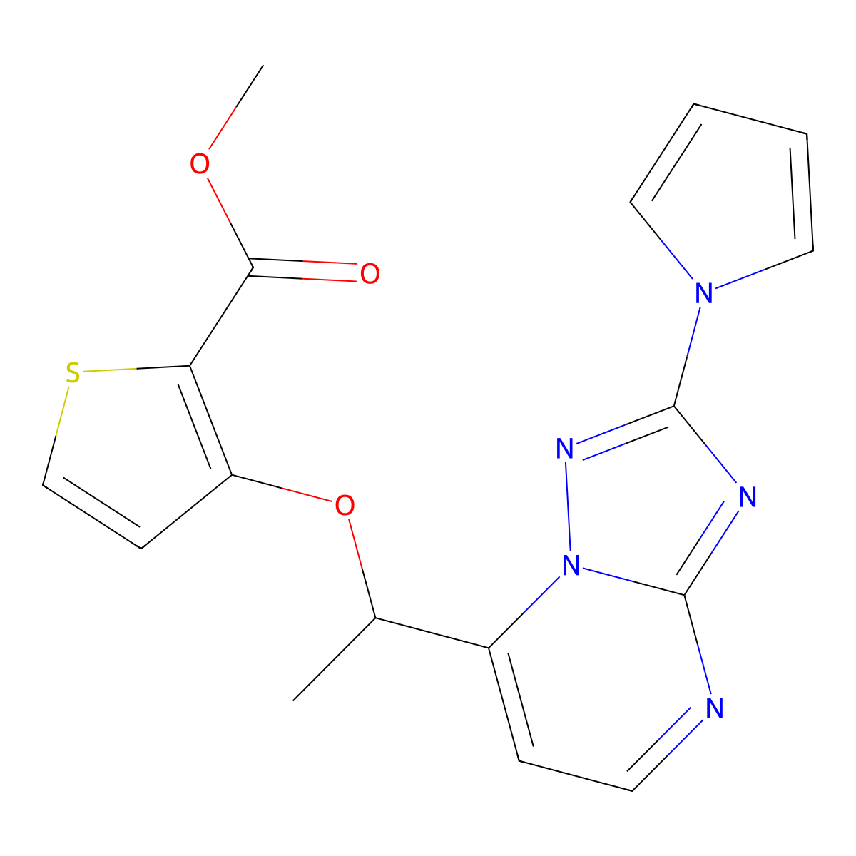 Methyl 3-[1-(2-pyrrol-1-yl-[1,2,4]triazolo[1,5-a]pyrimidin-7-yl)ethoxy]thiophene-2-carboxylate molecular structure, CAS 303146-16-9