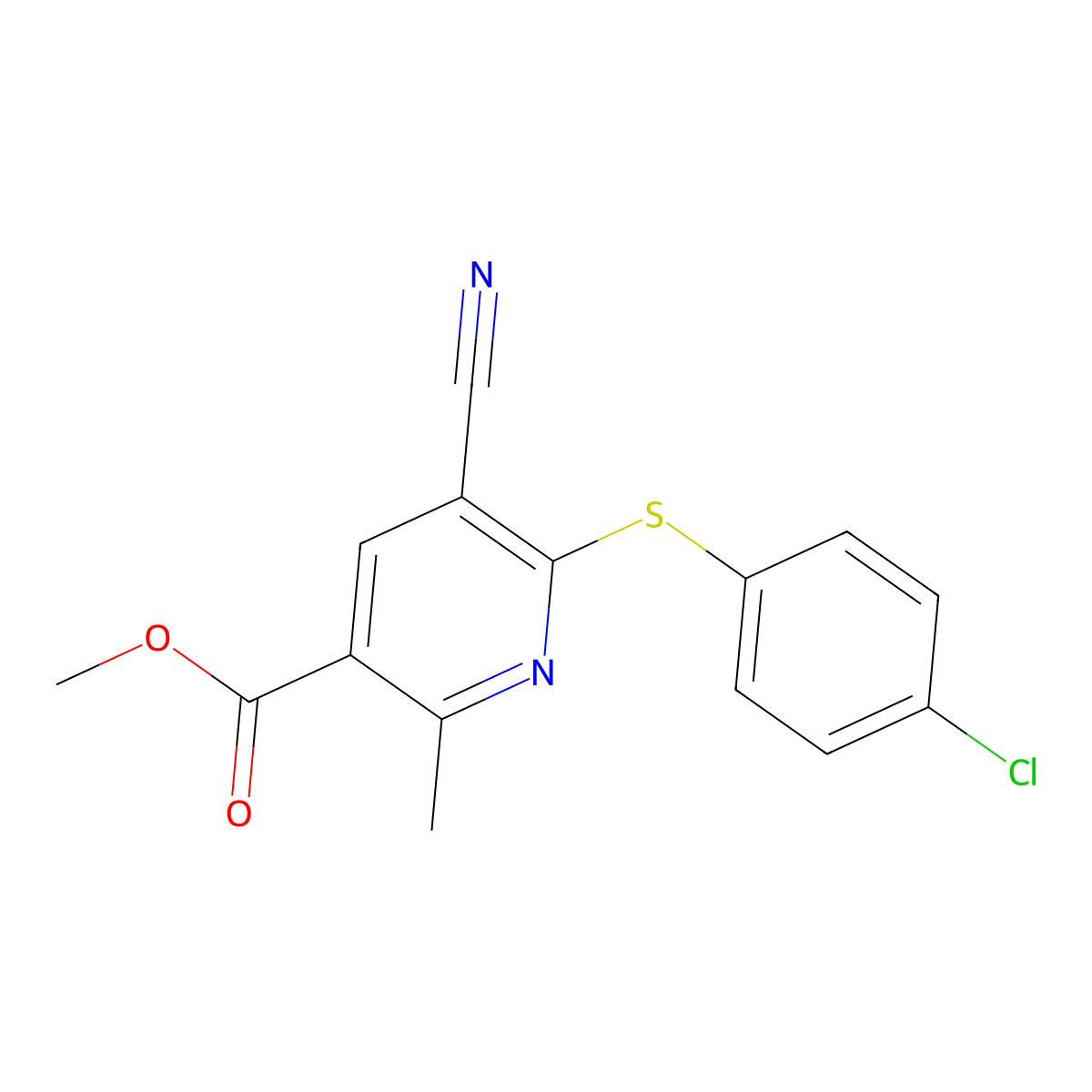 Methyl 6-[(4-chlorophenyl)sulfanyl]-5-cyano-2-methylnicotinate molecular structure, CAS 303146-43-2