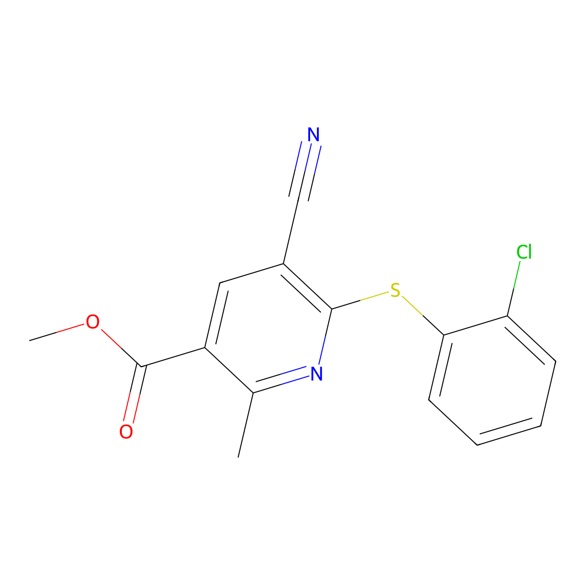 Methyl 6-[(2-chlorophenyl)sulfanyl]-5-cyano-2-methylnicotinate molecular structure, CAS 303146-44-3