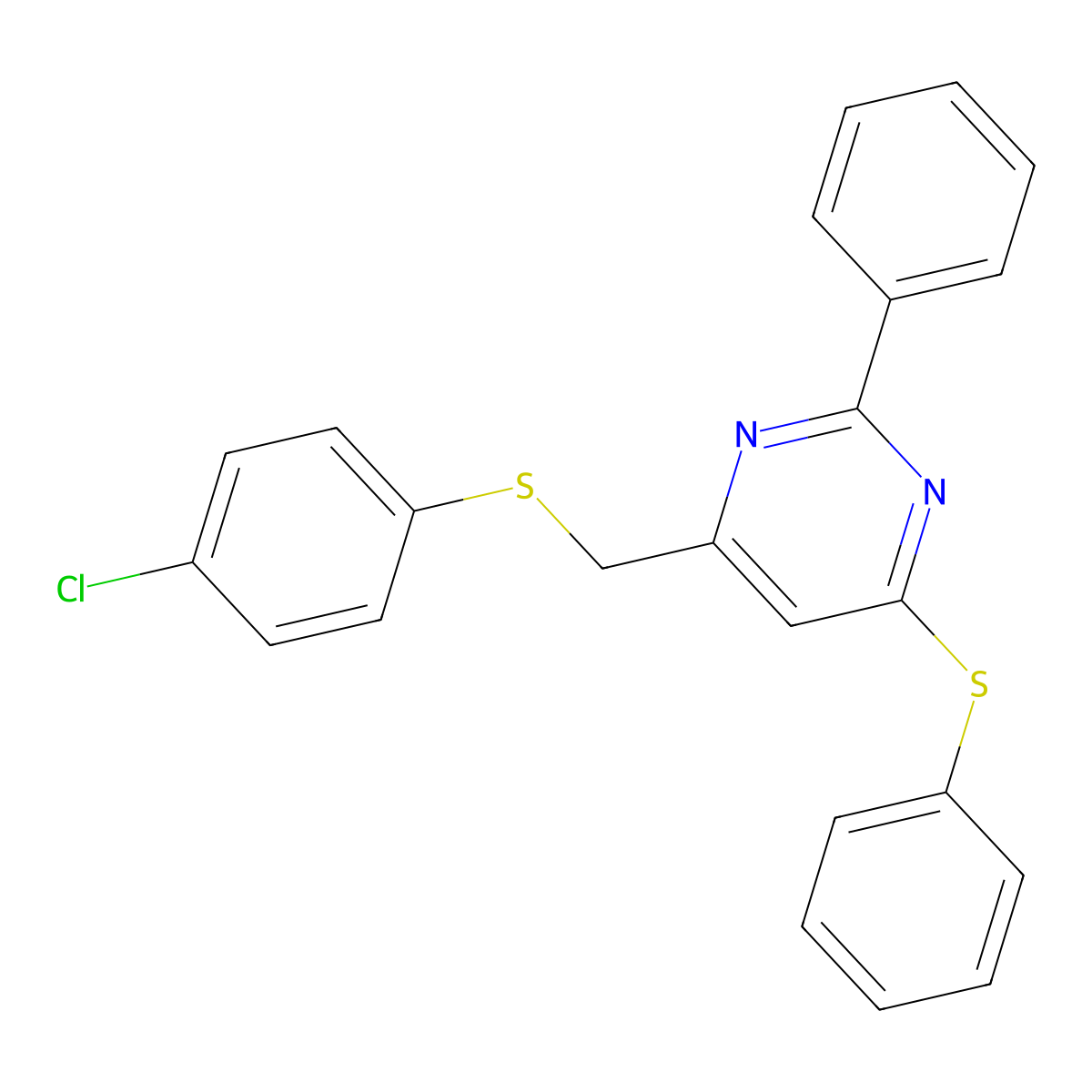 4-{[(4-Chlorophenyl)sulfanyl]methyl}-2-phenyl-6-(phenylsulfanyl)pyrimidine molecular structure, CAS 303147-11-7