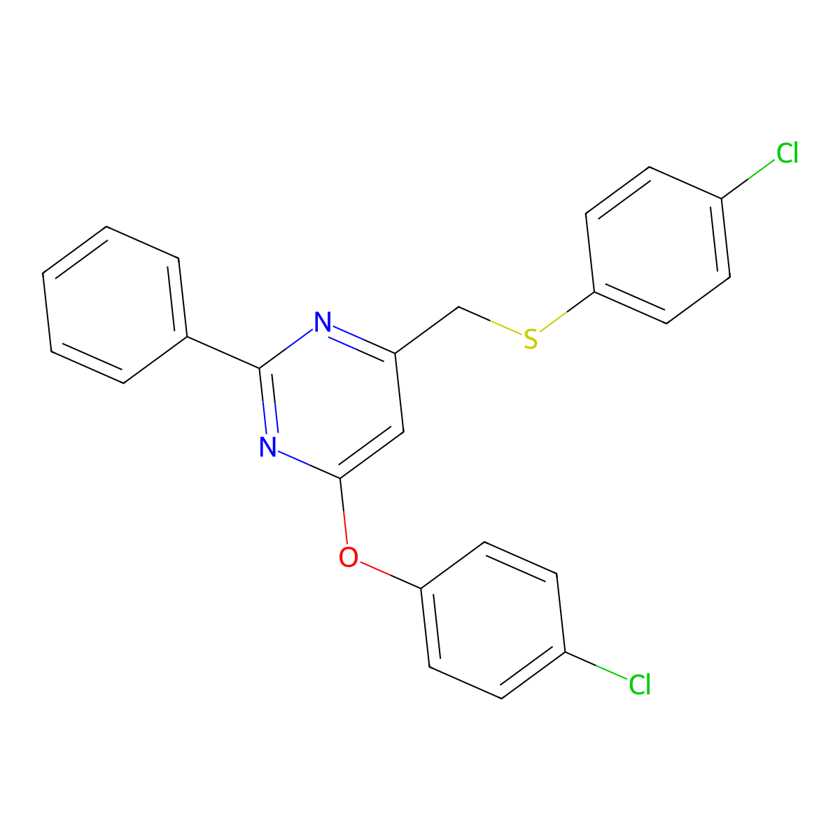4-(4-Chlorophenoxy)-6-{[(4-chlorophenyl)sulfanyl]methyl}-2-phenylpyrimidine molecular structure, CAS 303147-12-8