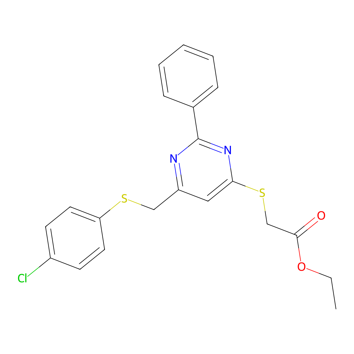 Ethyl 2-[(6-{[(4-chlorophenyl)sulfanyl]methyl}-2-phenyl-4-pyrimidinyl)sulfanyl]acetate molecular structure, CAS 303147-16-2