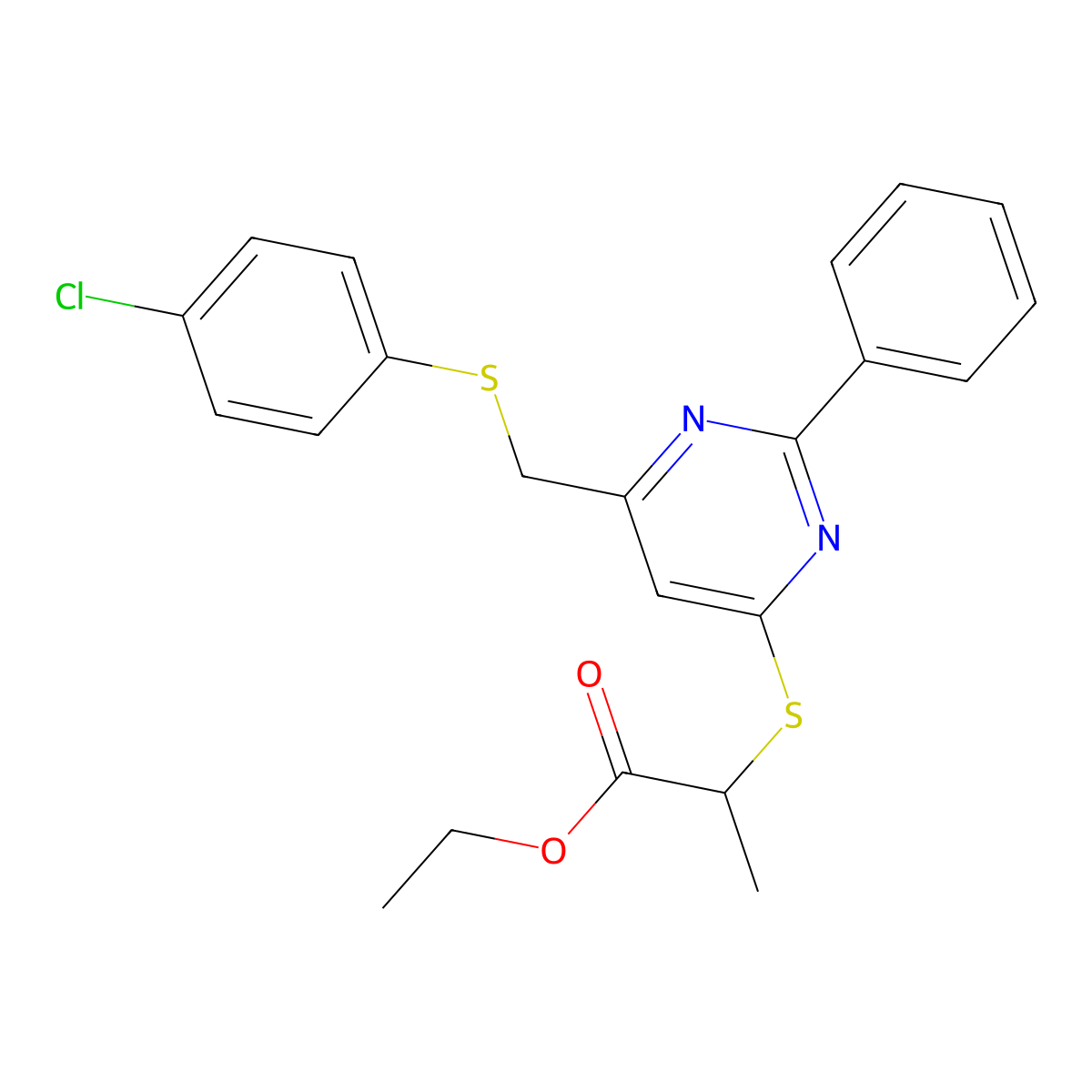 Ethyl 2-[(6-{[(4-chlorophenyl)sulfanyl]methyl}-2-phenyl-4-pyrimidinyl)sulfanyl]propanoate molecular structure, CAS 303147-17-3