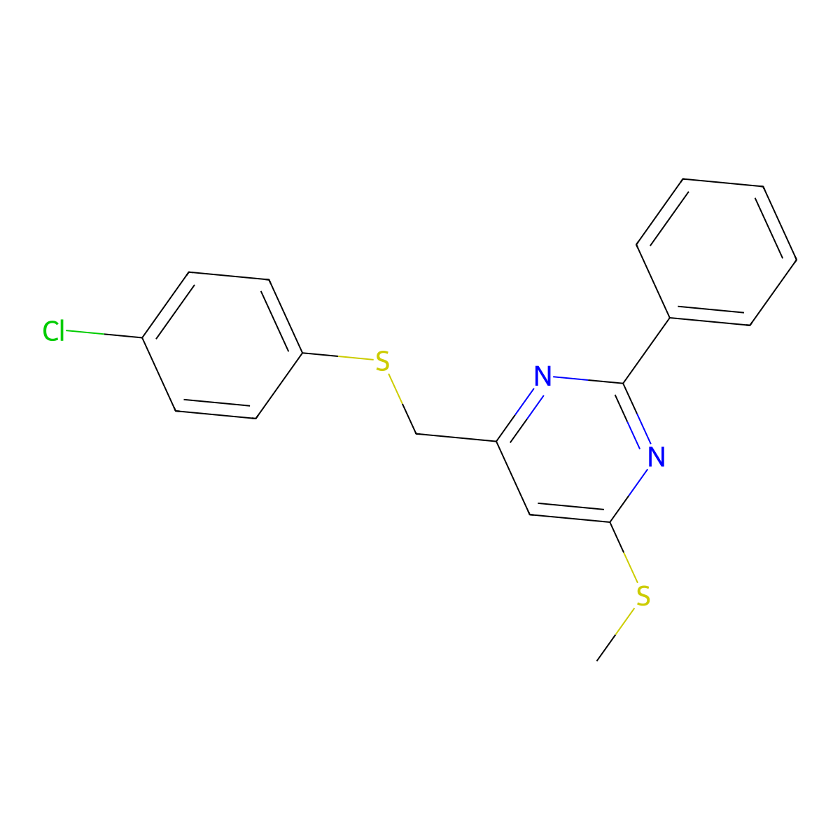 4-{[(4-Chlorophenyl)sulfanyl]methyl}-6-(methylsulfanyl)-2-phenylpyrimidine molecular structure, CAS 303147-19-5