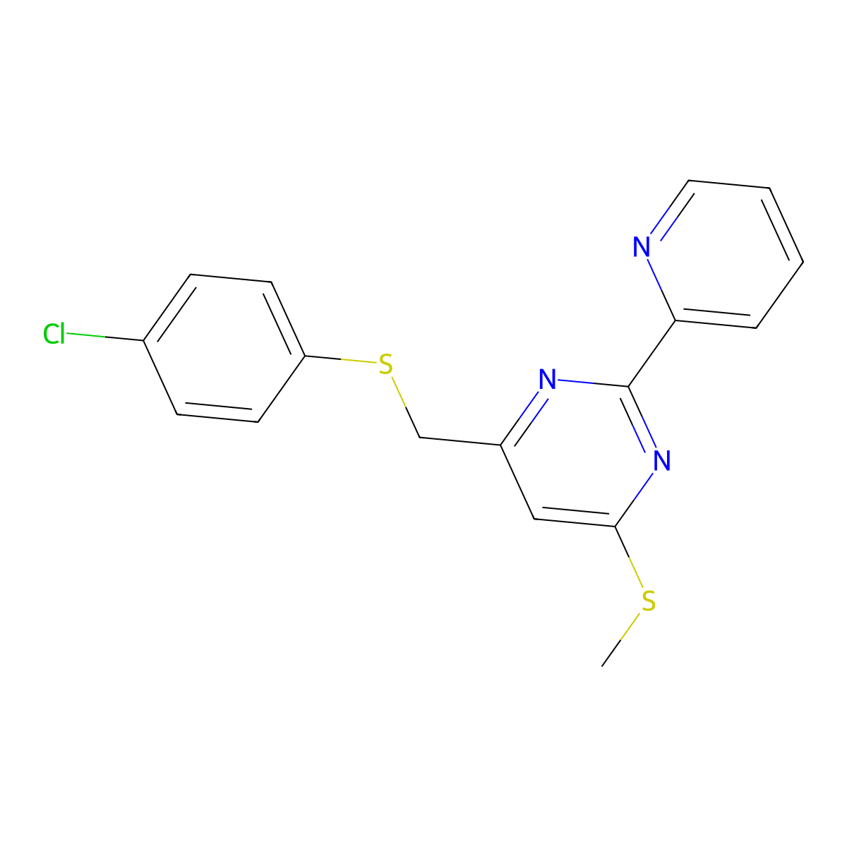4-Chlorophenyl [6-(methylsulfanyl)-2-(2-pyridinyl)-4-pyrimidinyl]methyl sulfide molecular structure, CAS 303147-38-8
