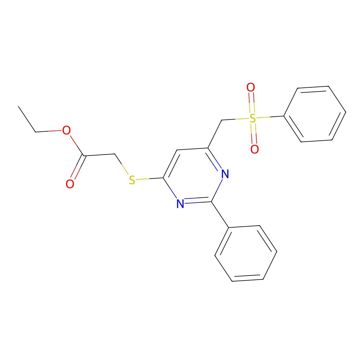Ethyl 2-({2-phenyl-6-[(phenylsulfonyl)methyl]-4-pyrimidinyl}sulfanyl)acetate molecular structure, CAS 303147-42-4