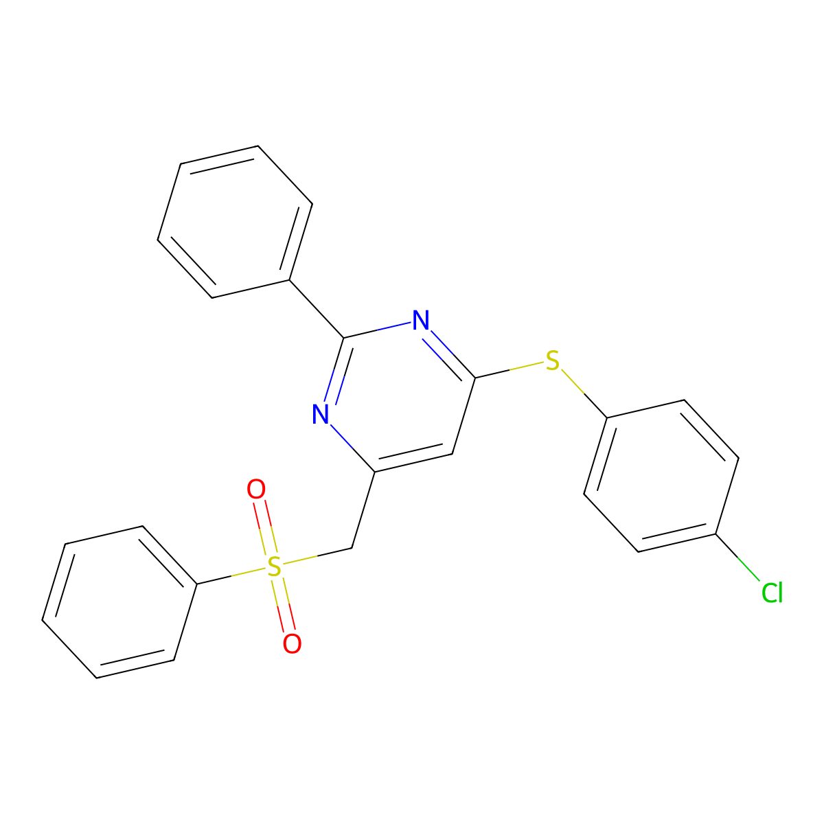 {6-[(4-Chlorophenyl)sulfanyl]-2-phenyl-4-pyrimidinyl}methyl phenyl sulfone molecular structure, CAS 303147-45-7