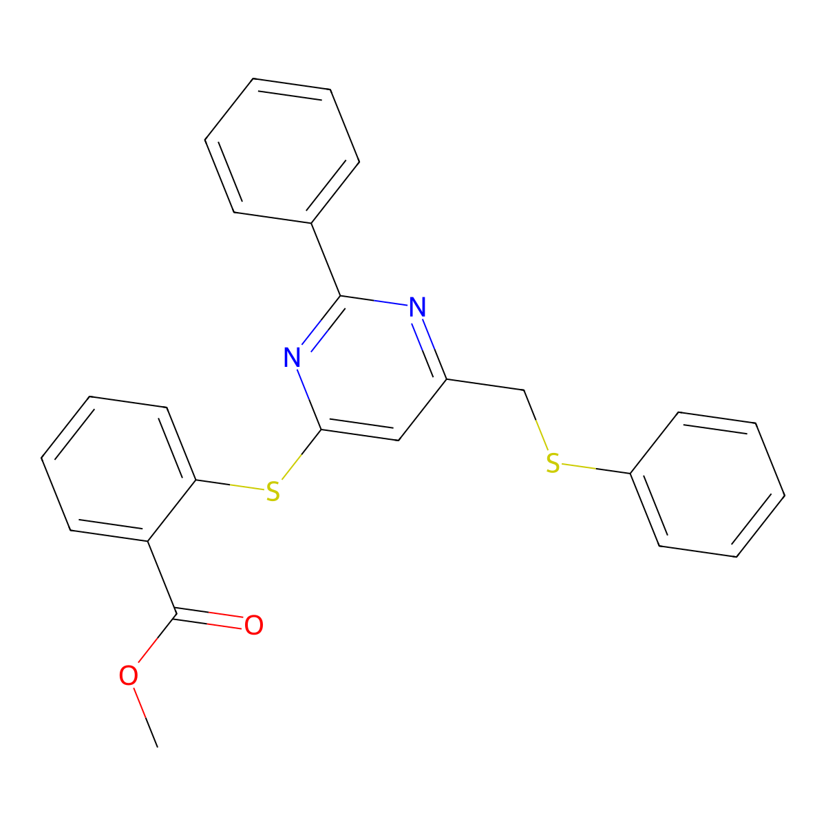 Methyl 2-[2-phenyl-6-(phenylsulfanylmethyl)pyrimidin-4-yl]sulfanylbenzoate molecular structure, CAS 303147-65-1