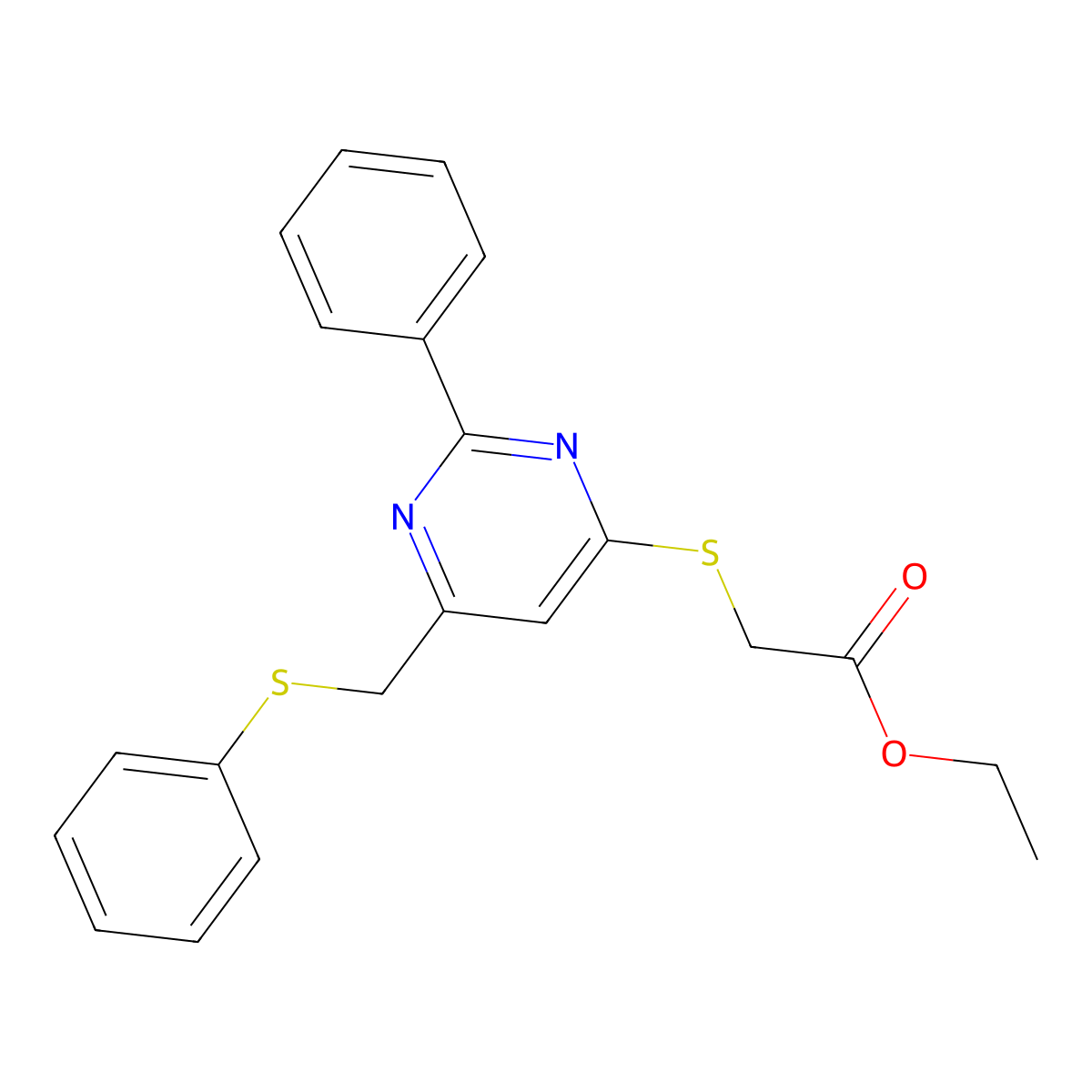 Ethyl 2-({2-phenyl-6-[(phenylsulfanyl)methyl]-4-pyrimidinyl}sulfanyl)acetate molecular structure, CAS 303147-67-3