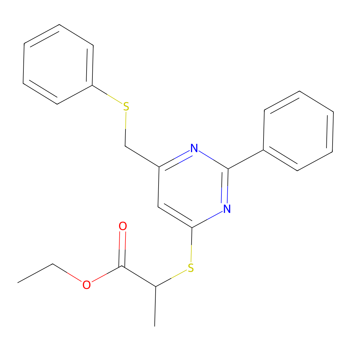 Ethyl 2-({2-phenyl-6-[(phenylsulfanyl)methyl]-4-pyrimidinyl}sulfanyl)propanoate molecular structure, CAS 303147-68-4
